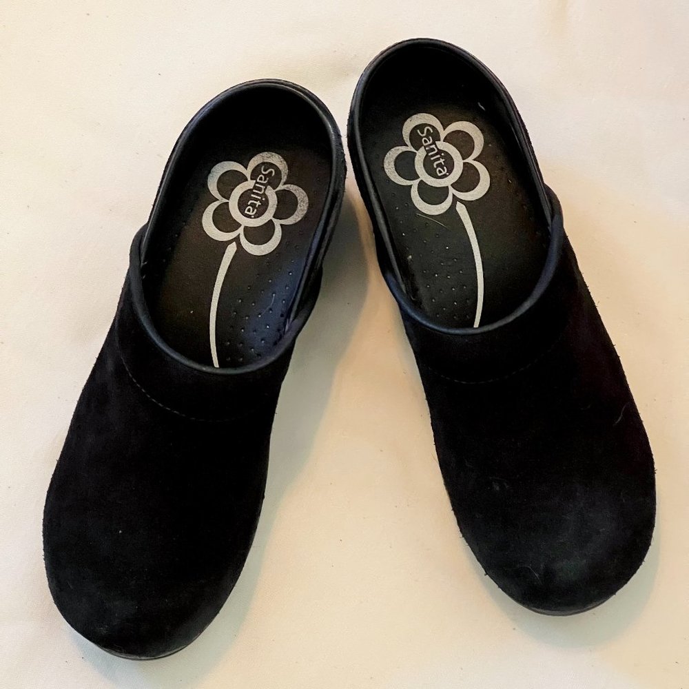 Sanita black suede clogs